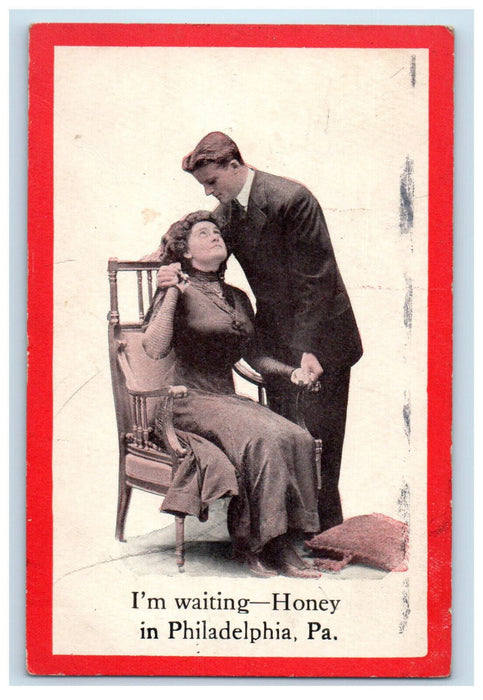 1912 Couple Scene, I'm Waiting Honey in Philadelphia Pennsylvania PA Postcard