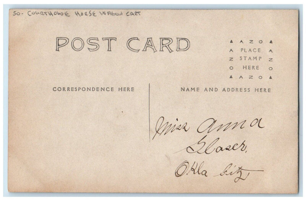 c1910's Three Men Hats Courthouse Horse Wagon Cart Dirt Road RPPC Photo Postcard