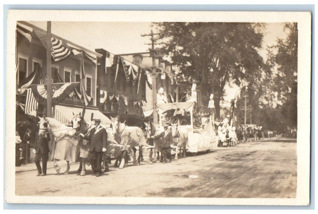 c1910's Patriotic Parade Float Horse Team Flag RPPC Unposted Photo Postcard