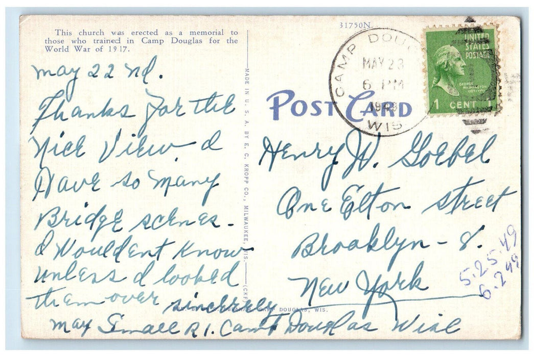 1949 St. James Catholic Church Camp Douglas Wisconsin WI Posted Postcard