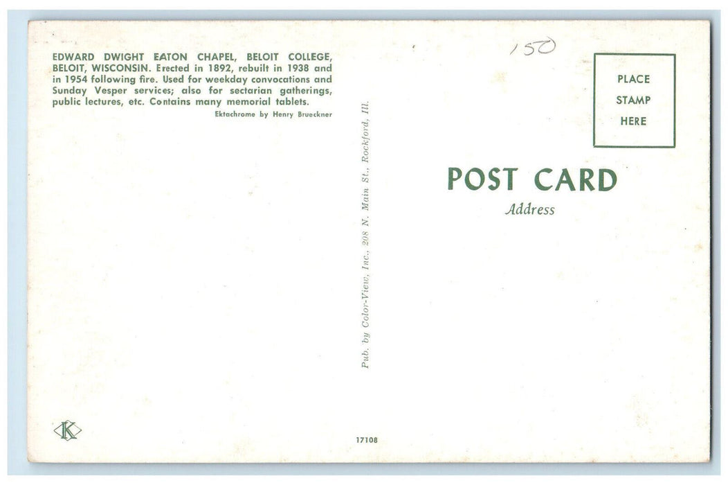 c1960's Edward Dwight Eaton Chapel Beloit College Beloit Wisconsin WI Postcard
