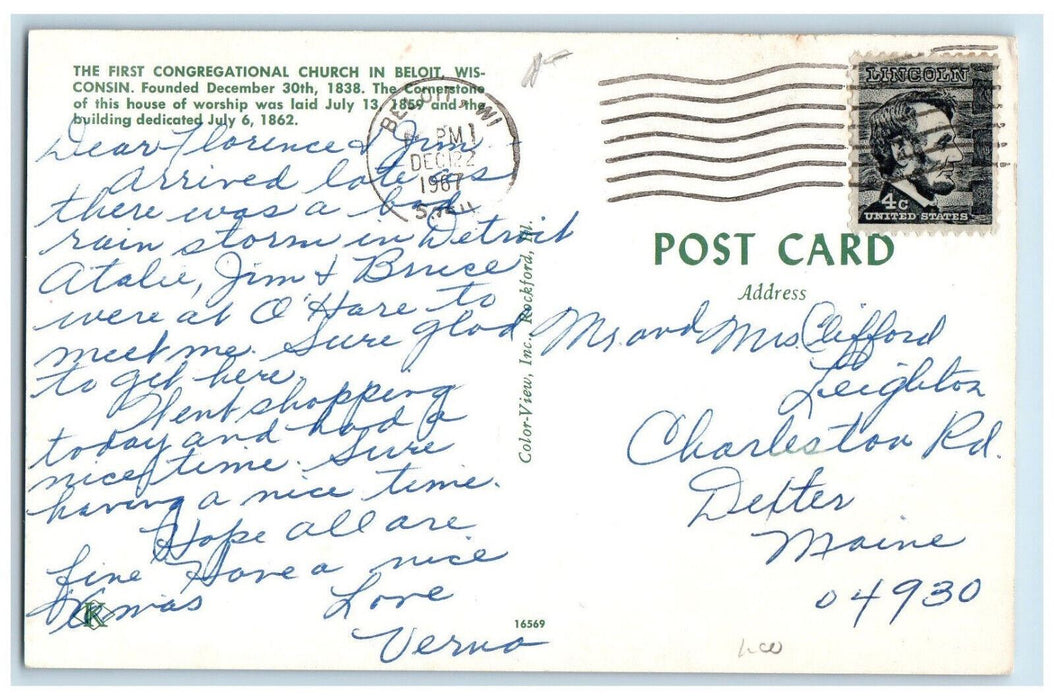 1967 First Congregational Church in Beloit Wisconsin WI Vintage Postcard