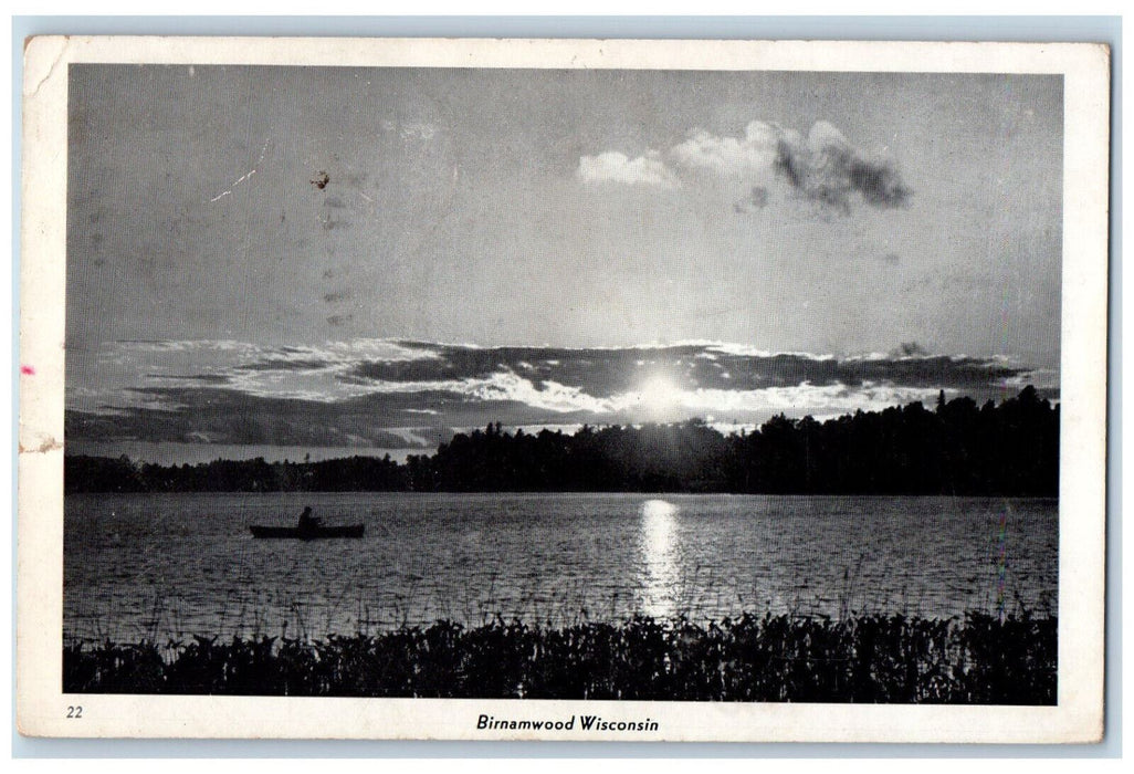 1944 Boat Scene at Sunset, Birnamwood Wisconsin WI Hatley WI Postcard