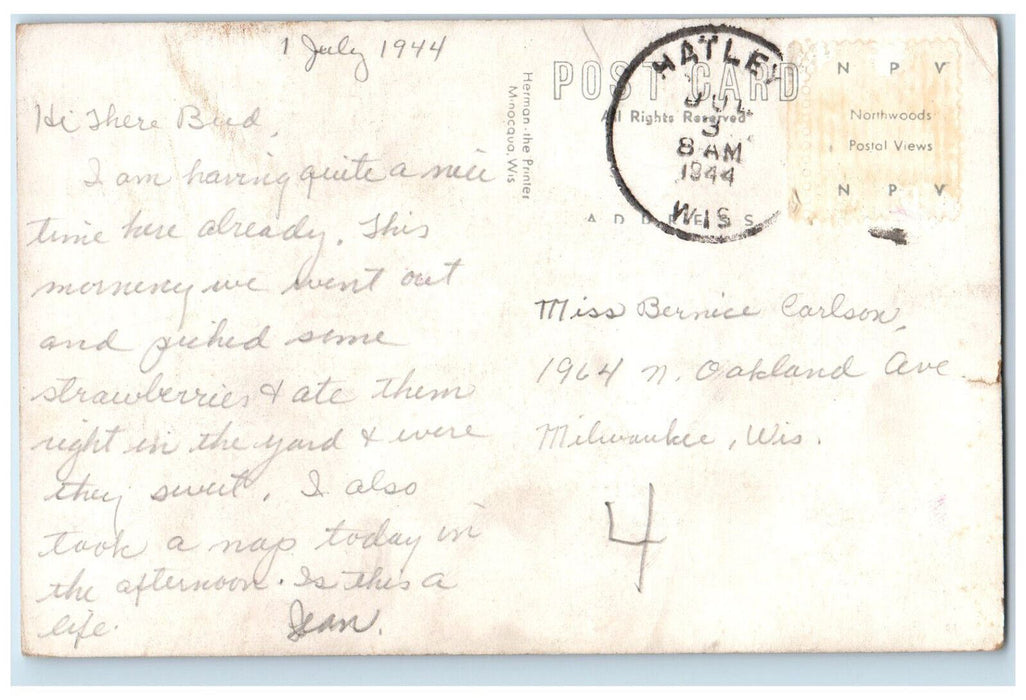 1944 Boat Scene at Sunset, Birnamwood Wisconsin WI Hatley WI Postcard