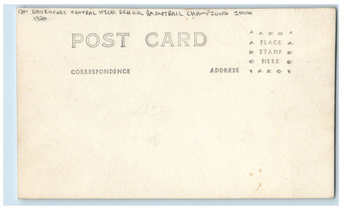 1920 Davenport Central High School Basketball Champions RPPC Photo Postcard