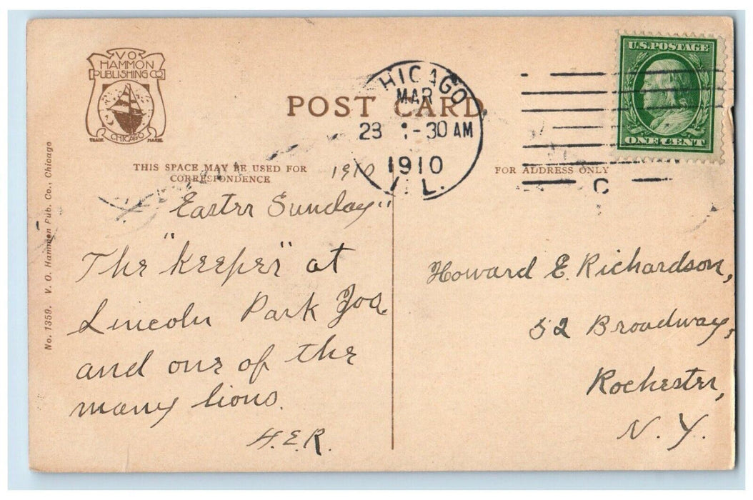 1910 CY De Vry Lion Senator Lincoln Park Chicago VO Hammon Publishing Postcard