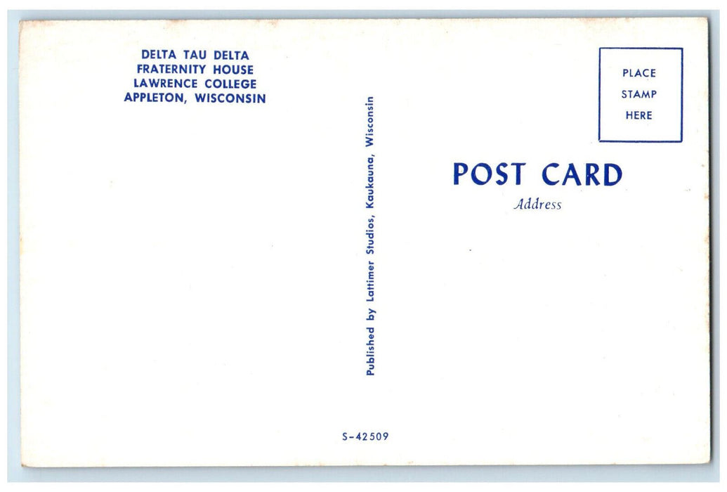 c1950's Delta Tau Delta Fraternity House Lawrence College Appleton WI Postcard