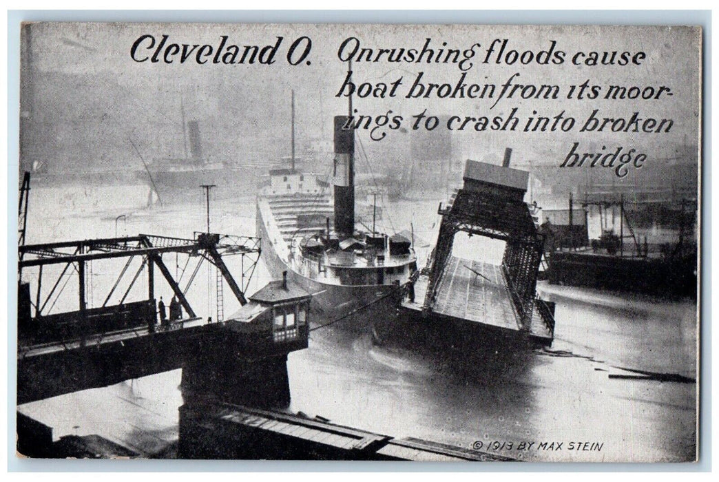 1910 Onrushing Floods Boat Broken Moorings Crash Bridge Cleveland Ohio Postcard