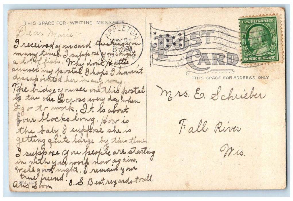 1909 Looking South From Fox River Paper Mills Appleton Wisconsin WI Postcard