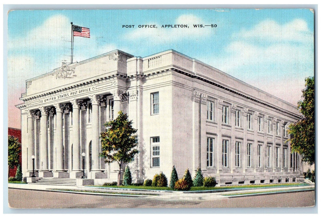 1940 American Flag Post Office Appleton Wisconsin WI Antique Posted Postcard