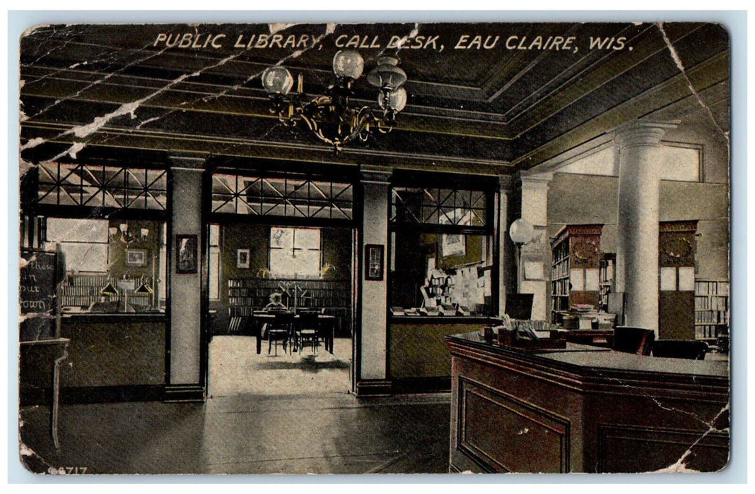 c1910 Public Library Call Desk Eau Claire Wisconsin WI Antique Postcard