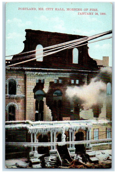 c1910 City Hall Morning Fire Destroyed Snow Burned Portland Maine ME Postcard