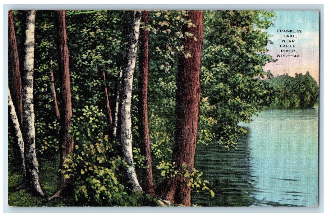 1938 Trees, River Franklin Lake Eagle River Wisconsin WI Vintage Posted Postcard