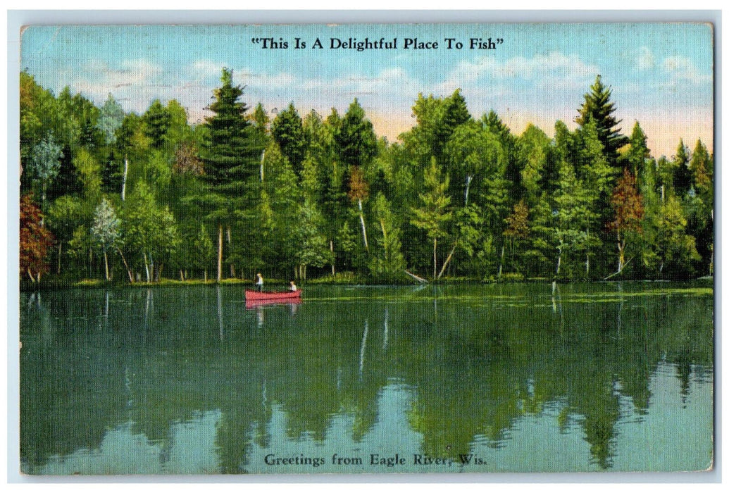 1938 Boat Fishing Scene, Greetings from Eagle River WI Vintage Postcard