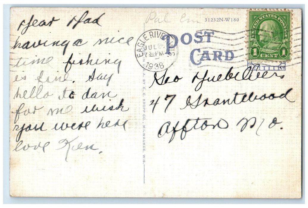 1938 Boat Fishing Scene, Greetings from Eagle River WI Vintage Postcard