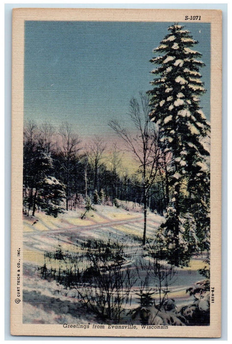 c1940's Winter Scene, Greetings from Evansville Wisconsin WI Postcard