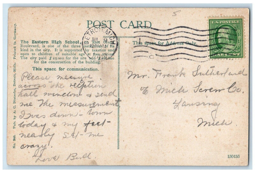1909 Eastern High School Institution East Boulevard Detroit Michigan Postcard