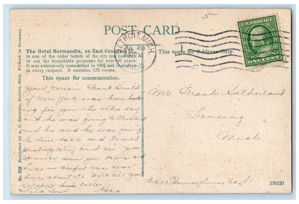 1909 Hotel Normandie East Congress St City Hotels Detroit Michigan Postcard
