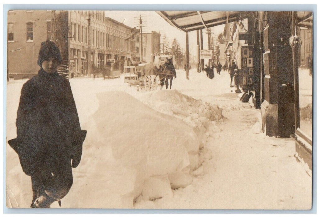 c1910's Blizzard Restaurant Horse Team Wagon Winter Gear RPPC Photo Postcard