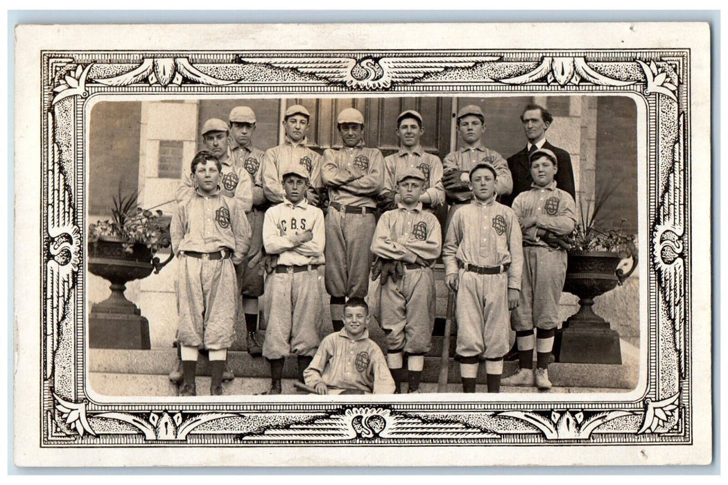 c1910's CBS Children's Baseball Team Sports Bats Uniform RPPC Photo Postcard
