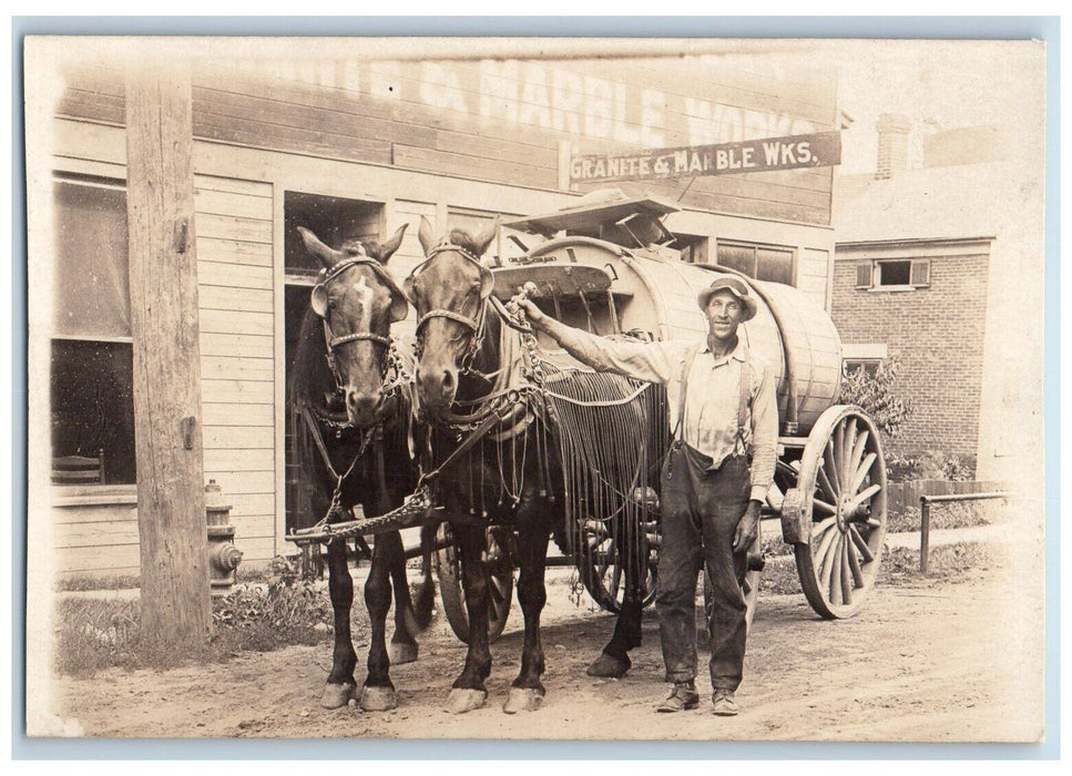 c1910's Horse Team Water Wagon Granite Marble Worker RPPC Photo Postcard
