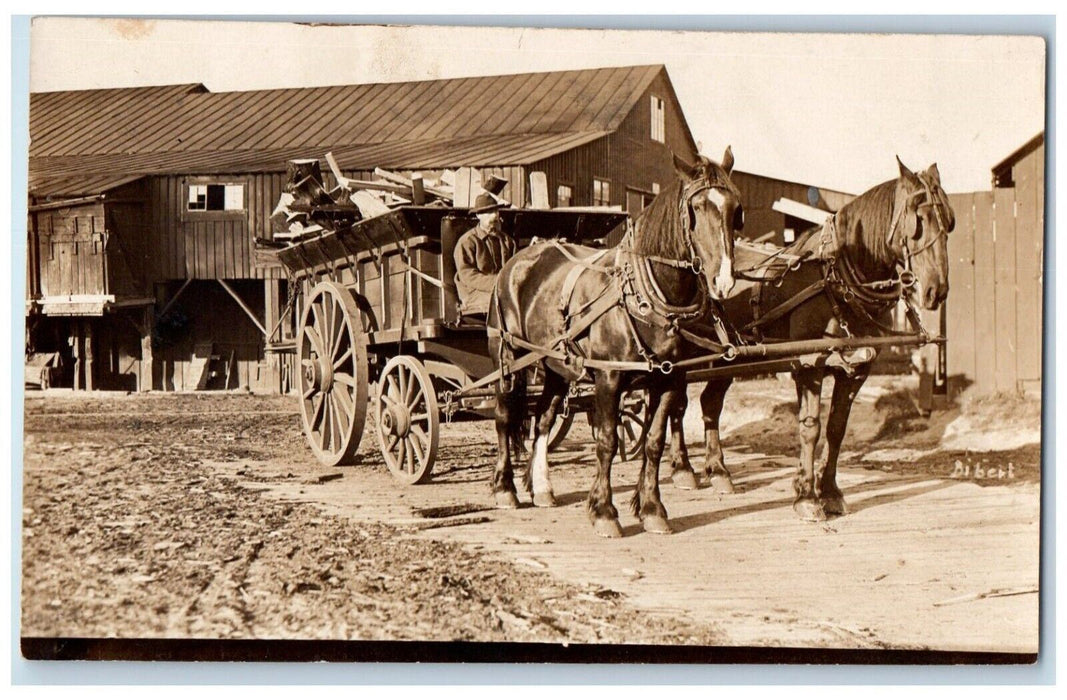 c1910's Horse Wagon Hauling Lumber Occupational Munising MI RPPC Photo Postcard