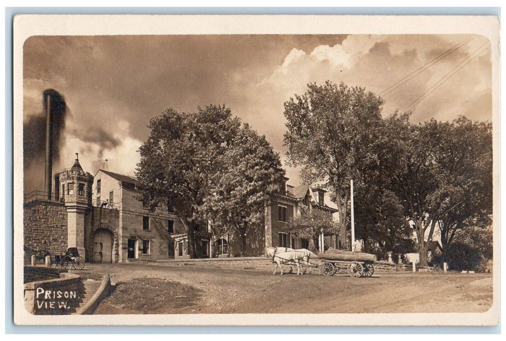 c1915 Prison Entrance Horse Wagon Logs Smokestack RPPC Photo Postcard