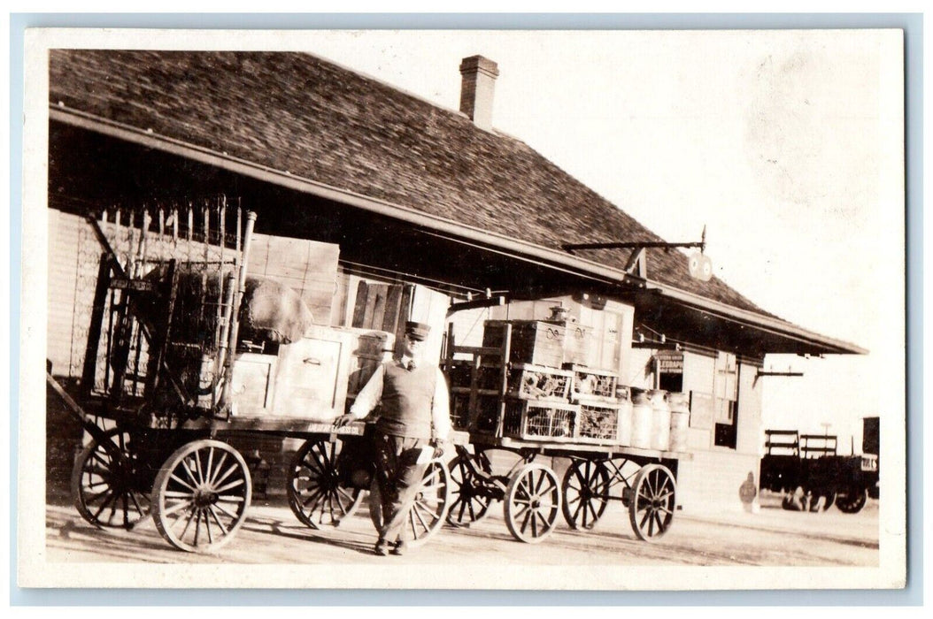 c1920's Railroad Depot Station Chicken Poultry Wagon RPPC Photo Postcard