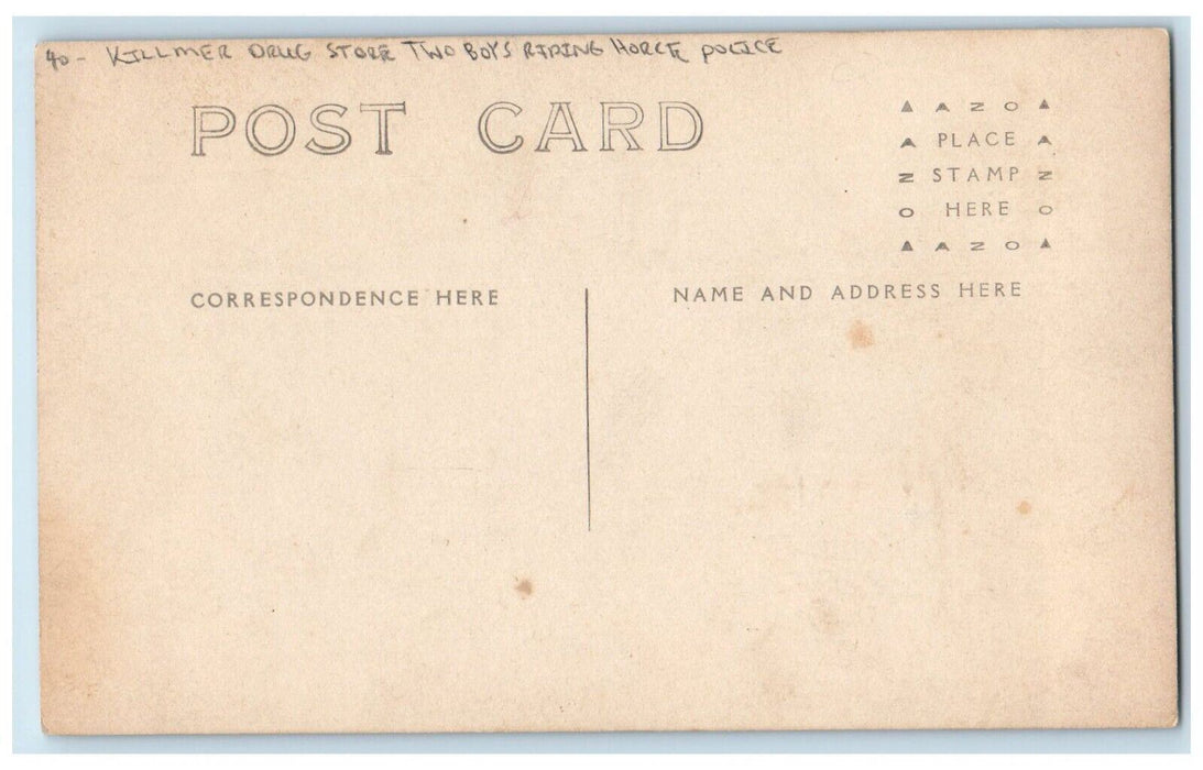 c1910's Killmer Drug Store Two Boys Riding Horse Dog Police RPPC Photo Postcard