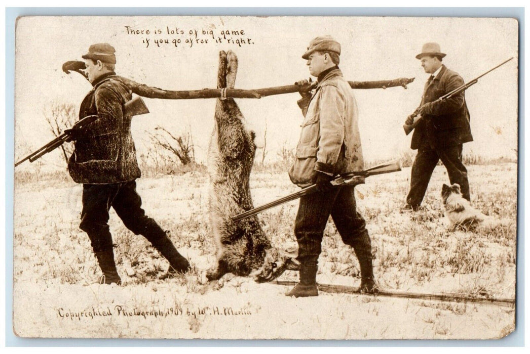 1909 Exaggerated Rabbit Hunters Dog Shotgun RPPC Posted Photo Postcard