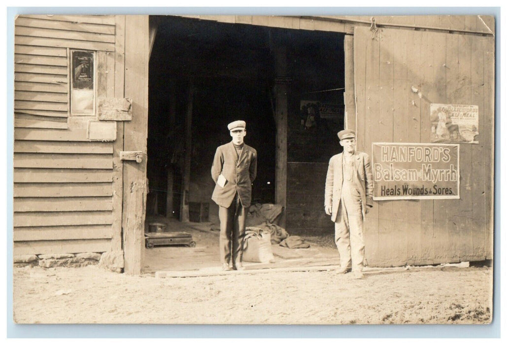 c1910 Livery Barn Stable Father Son Employees Advertising RPPC Photo Postcard