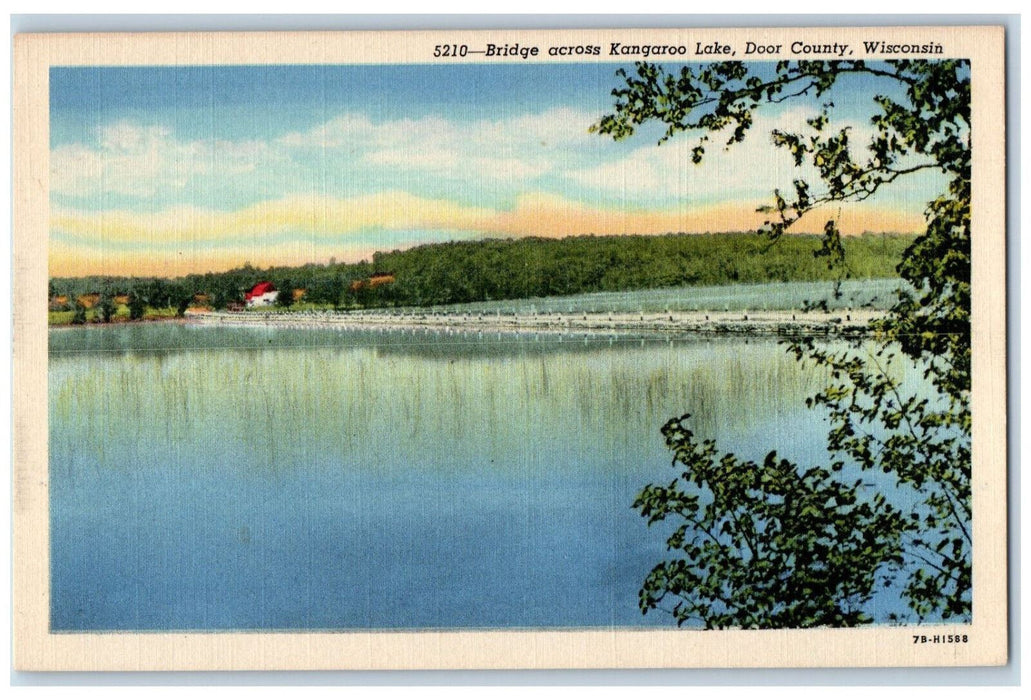 c1950's Bridge Across Kangaroo Lake Door County Wisconsin WI Postcard