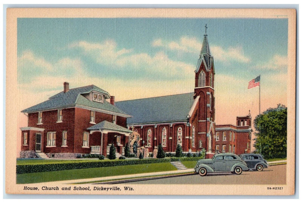 c1940's House Church and School Dickeyville Wisconsin WI Vintage Postcard