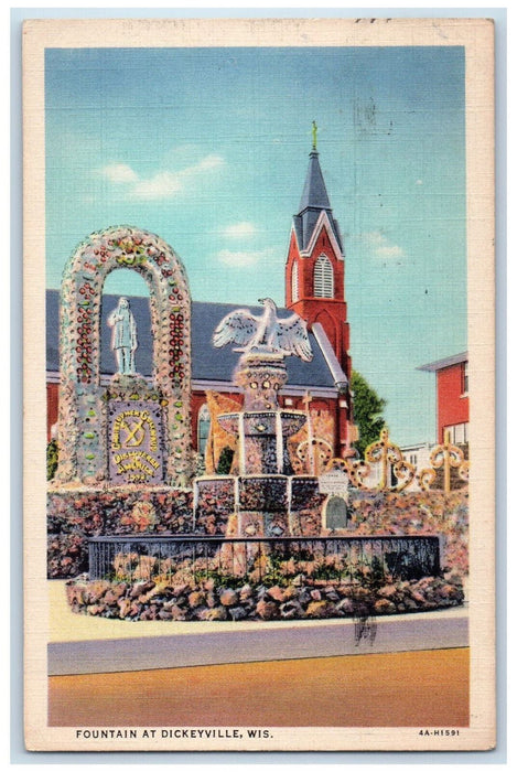 1937 Fountain, Christopher Columbus Statue, Dickeyville Wisconsin WI Postcard