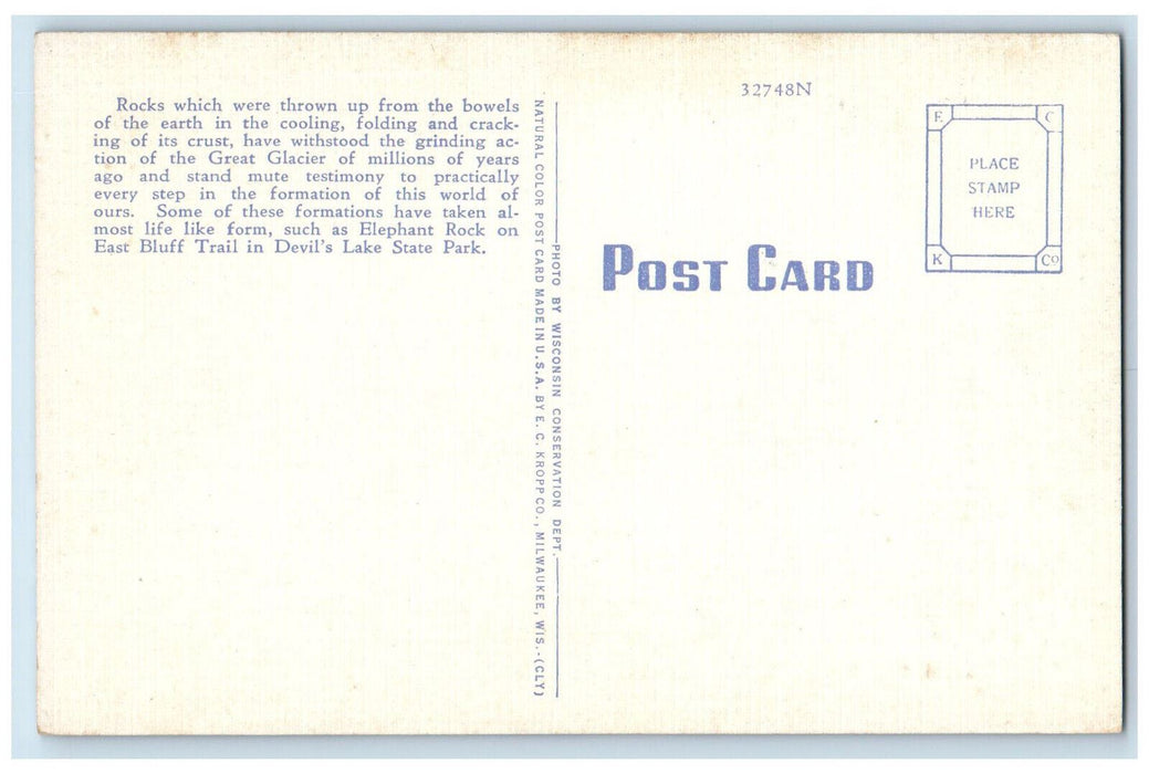 c1940's Elephant Rock On East Bluf Trail Devil's Lake State Park WI Postcard