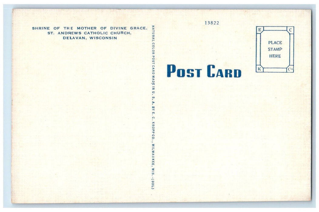 c1950's Shrine of Mother of Divine Grace St. Andrews Church Delavan WI Postcard
