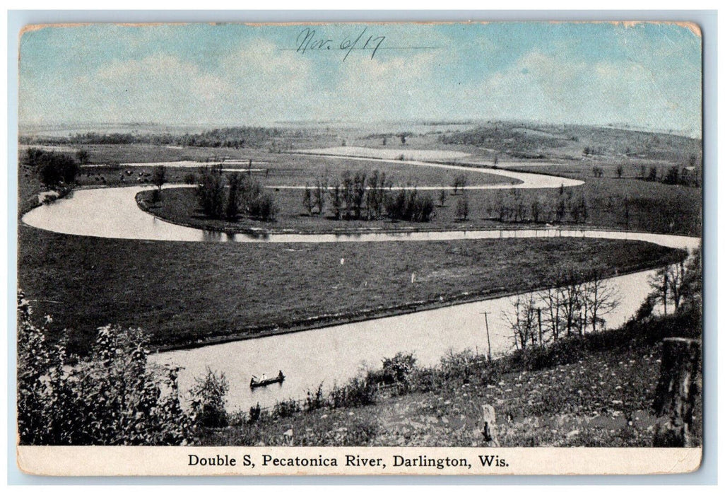 1917 Double S. Pecatonica River Darlington Wisconsin WI Antique Postcard