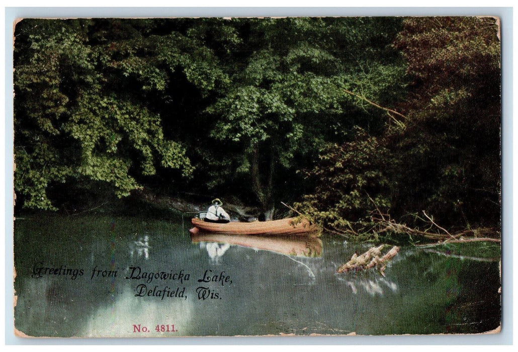 1911 Greetings from Nagowicka Lake Delafield Wisconsin WI Antique Postcard