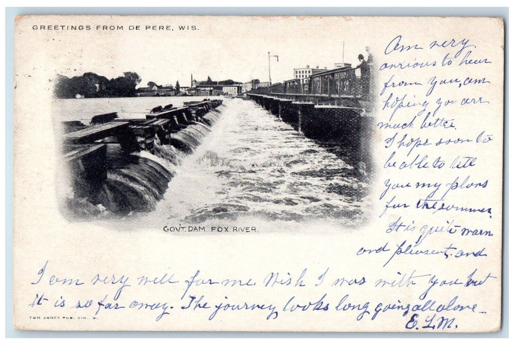 1906 Govt. Dam Fox River, Greetings from De Pere Wisconsin WI Antique Postcard