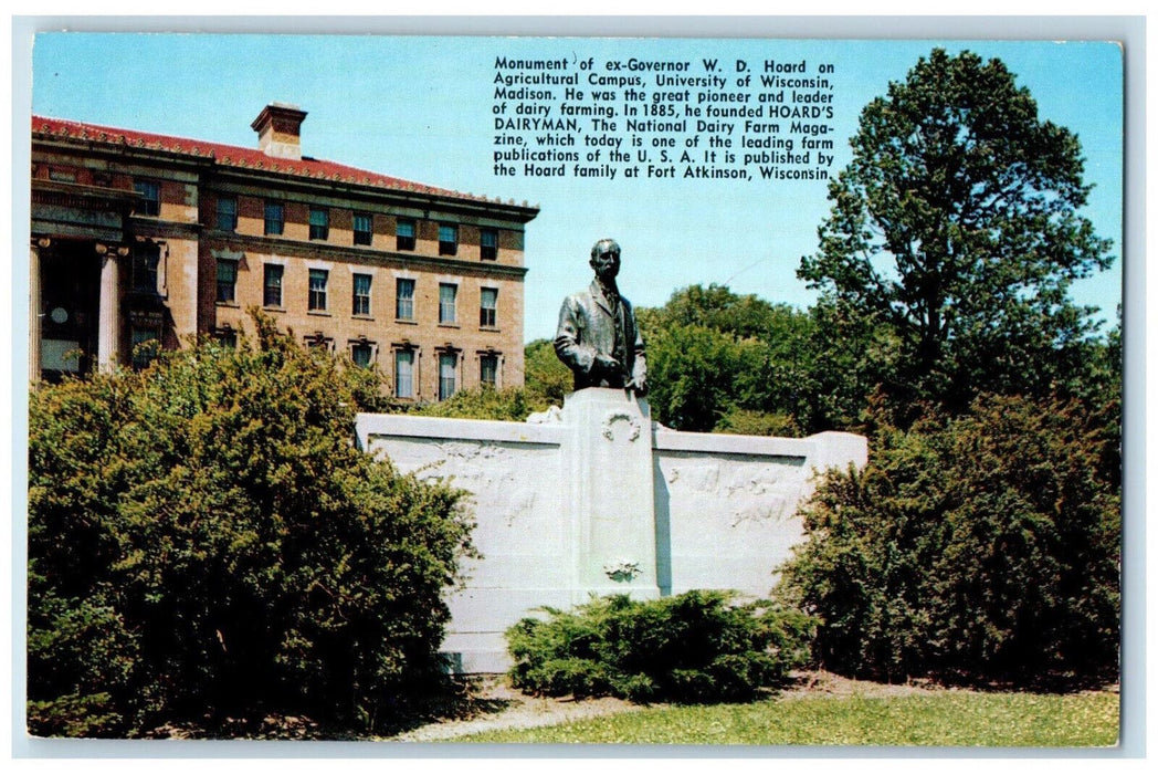 1953 Ex Governor WD Hoard Monument, University of Wisconsin Madison WI Postcard