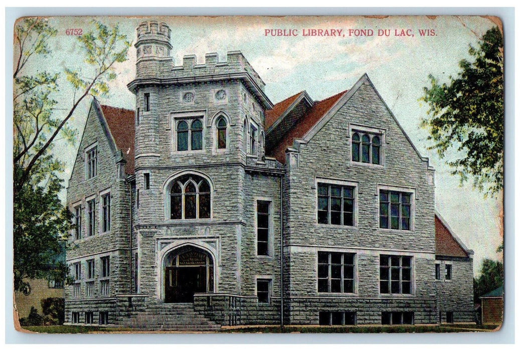 c1910 Public Library Entrance, Fond Du Lac Wisconsin WI Unposted Postcard