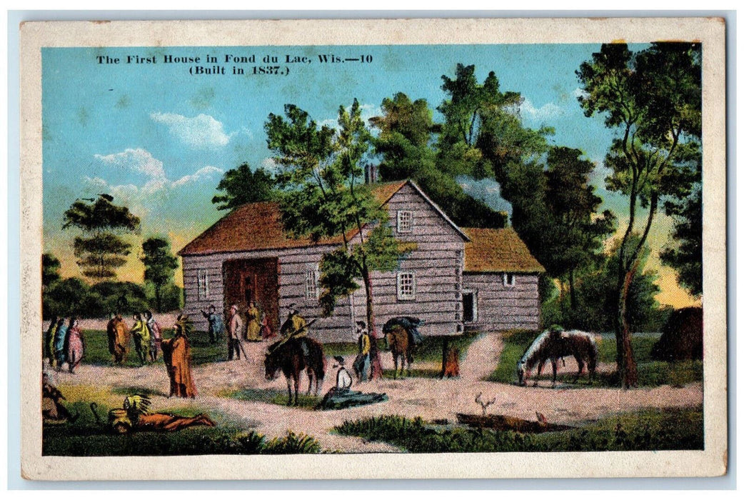 c1920's Horses, Log House The First House in Fond Du Lac Wisconsin WI Postcard