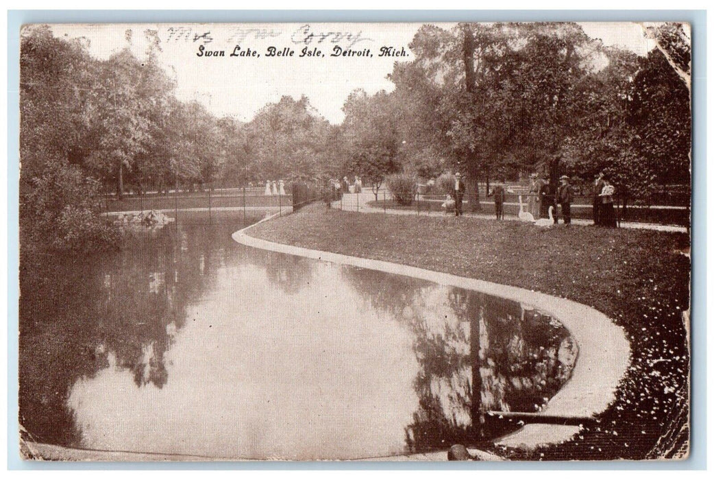 1909 Swan Lake Belle Isle Pond Park Garden Trees Detroit Michigan Old Postcard