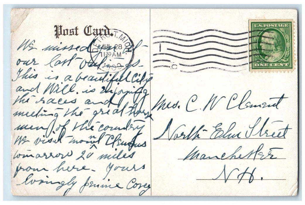 1909 Swan Lake Belle Isle Pond Park Garden Trees Detroit Michigan Old Postcard