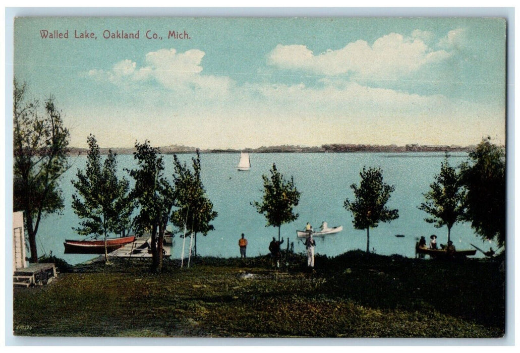 c1910 Walled Lake River Boat Trees Grass Playing Oakland CO Michigan Postcard