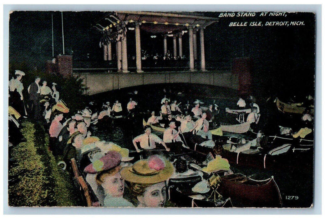 c1910 Band Stand Night Belle Isle Windsor Canada River Detroit Michigan Postcard