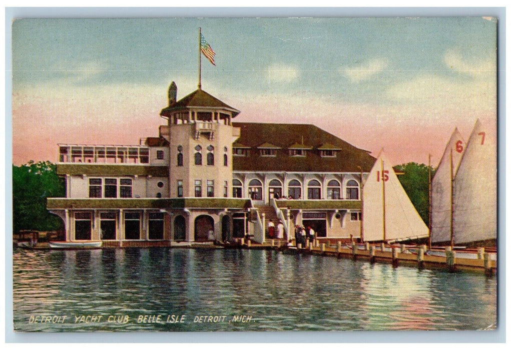 c1910 Detroit Yacht Club Belle Isle Sailboat Pier Detroit Michigan Mich Postcard