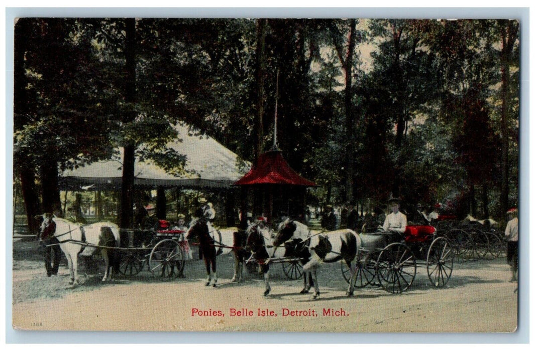 1909 Ponies Belle Isle Horse Carriage Park Gazebo Tent Detroit Michigan Postcard