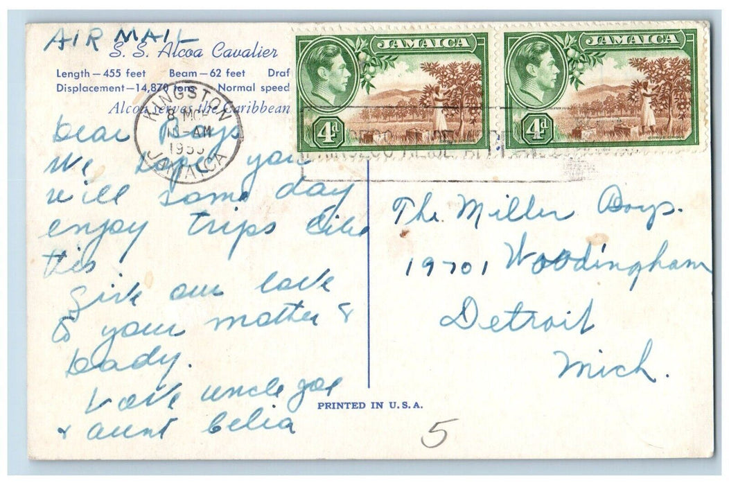 1955 SS Alcoa Cavalier Alcoa Serves Caribbean Steamer Kingston Jamaica Postcard