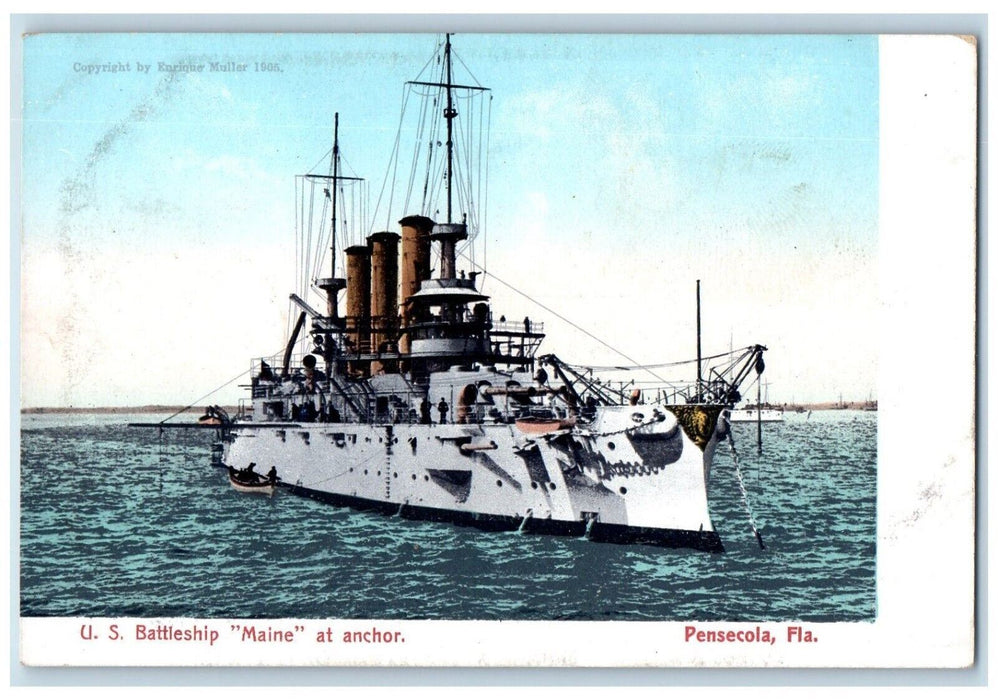 c1910 US Naval Navy Battleship Steamer Maine Anchor Pensecola Florida Postcard